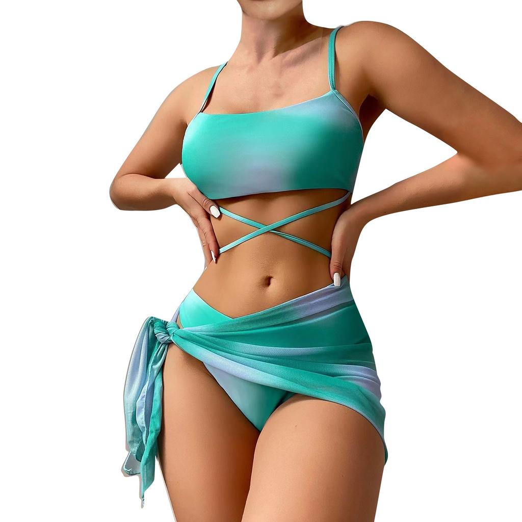 Women's Solid Color Swimsuit Women's Split Thin Strap High Waist Swimsuit Cover-up Four-Piece Set