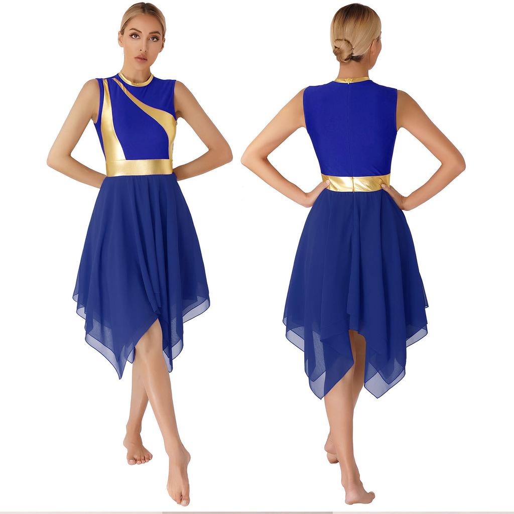 Womens Modern Lyrical Dance Costume Color Block Patchwork Sleeveless Irregular Hem Dress Dancewear