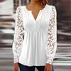 Fashion Hollow Out Woman Lace Blosue Long Sleeve Tops V Neck Solid Pleated Vintage Blouses Women Casual Slim White Shirt