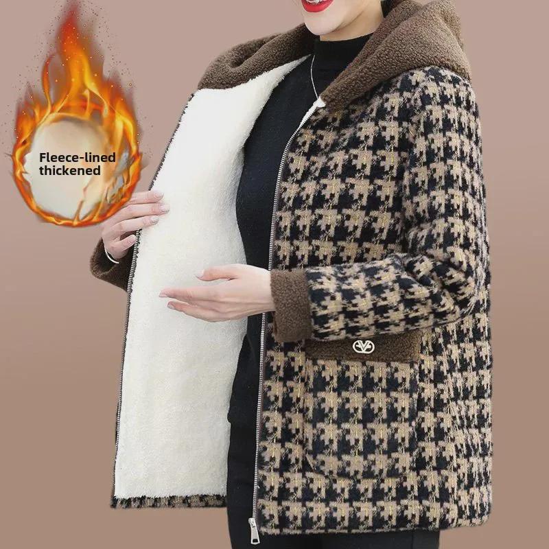 Women's Plush Hooded Lamb Fleece Jacket - Winter Thickened Plaid Short Coat Trendy Casual Top