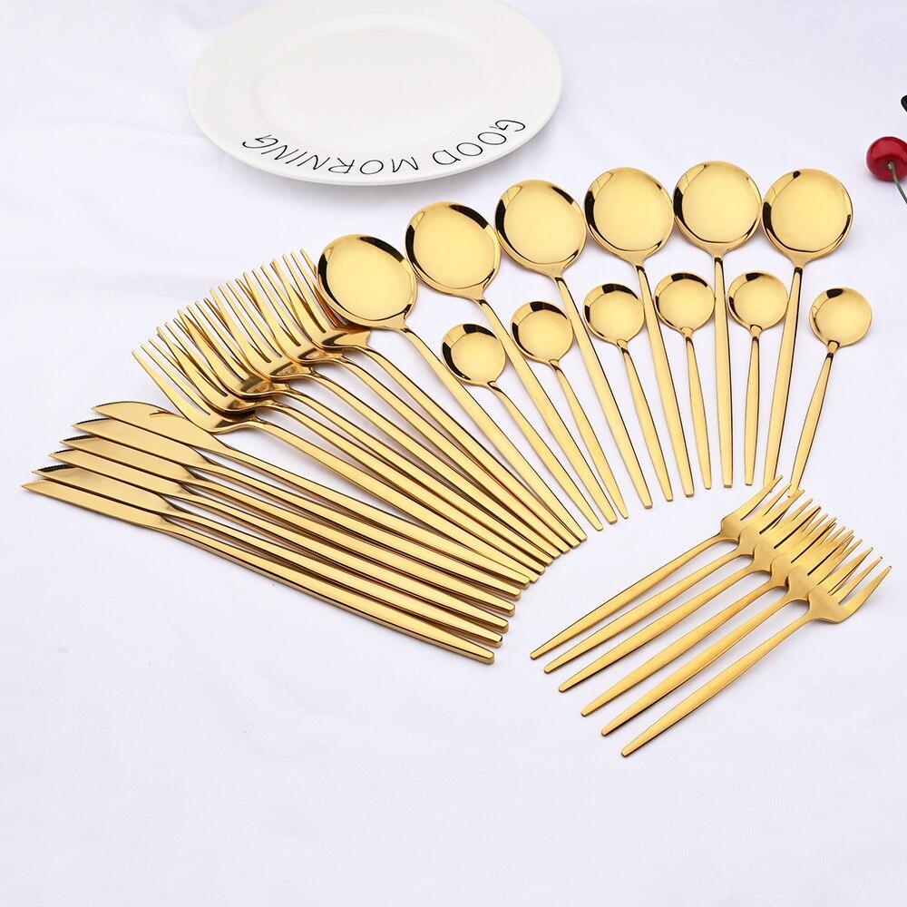 30pcs Gold Dinnerware Set Stainless Steel Cutlery Set Steak Knife Fork Coffee Spoon Flatware Cake Fork Teaspoon Silverware Western Kitchen Tableware