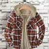 Men Coat Hooded Drawstring Long Sleeve Plaid Print Jacket with Pockets Buttons