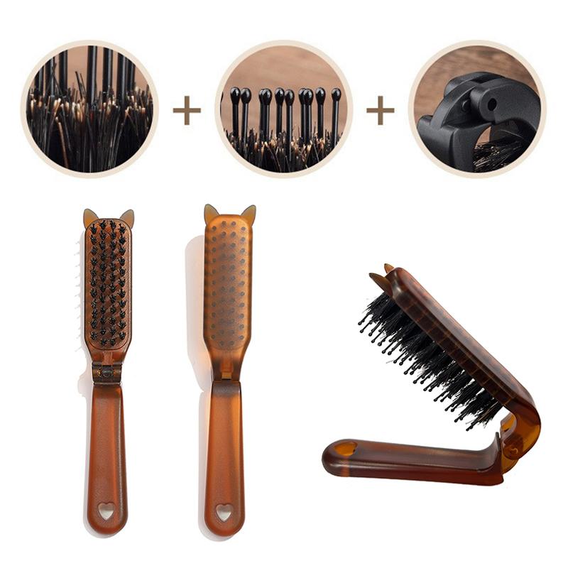 Cat Ear Boar Bristle Hair Brush Amber Foldable Portable Comb Pocket Collapsible Travel Massage Styling Tool Salon Women Gift
