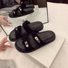 ! Genuine Leather~ Metal Lock Double Belt Casual Thick-soled Slippers Women's Sandals Outside