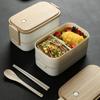 Portable Plastic Wooden-Print Double-Layer Lunch Box with Chopsticks Spoon Salad Lunch Box for Office School Picnic Camping Use