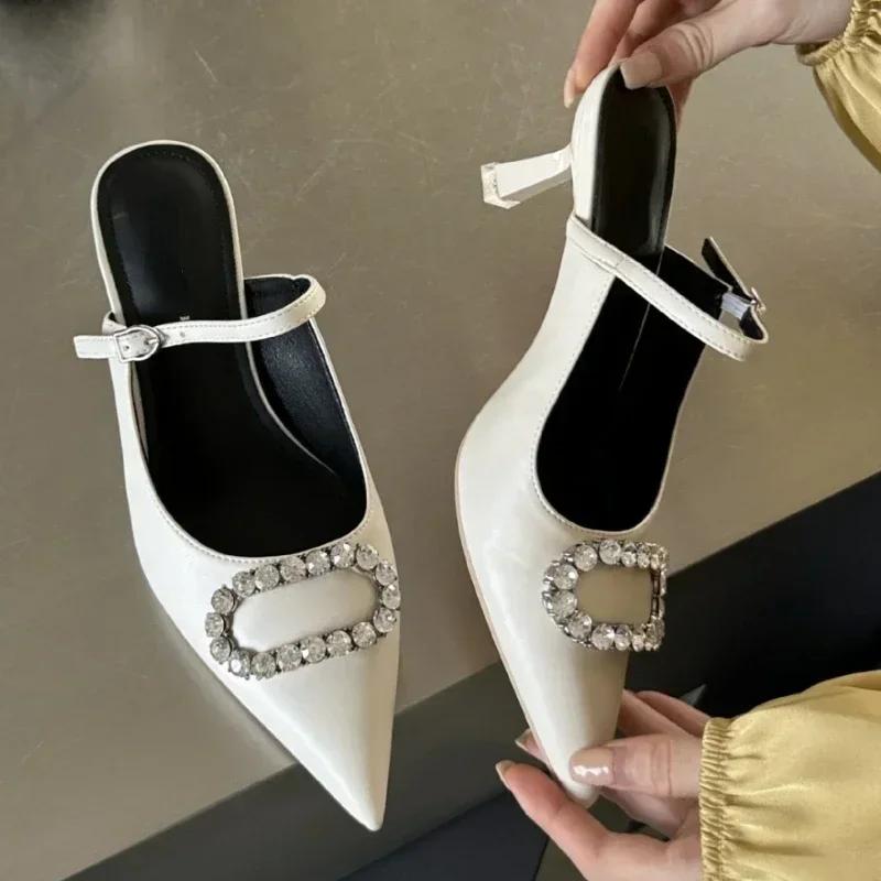 Fashion Luxury Rhinestone Buckle Mules Sandals Women Pointed Elegant High Heel Slingback Shoes Fashion Designer Slippers Female Pumps