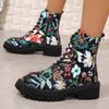 Fashion Women's Flowers Printed Short Boots Autumn Winter New Fashion Comfortable Casual Shoes Thick Middle Heel Side Zip Ankle Botas
