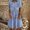 2024 Multi-Button Midi Denim Dress with Pockets - Short Sleeve