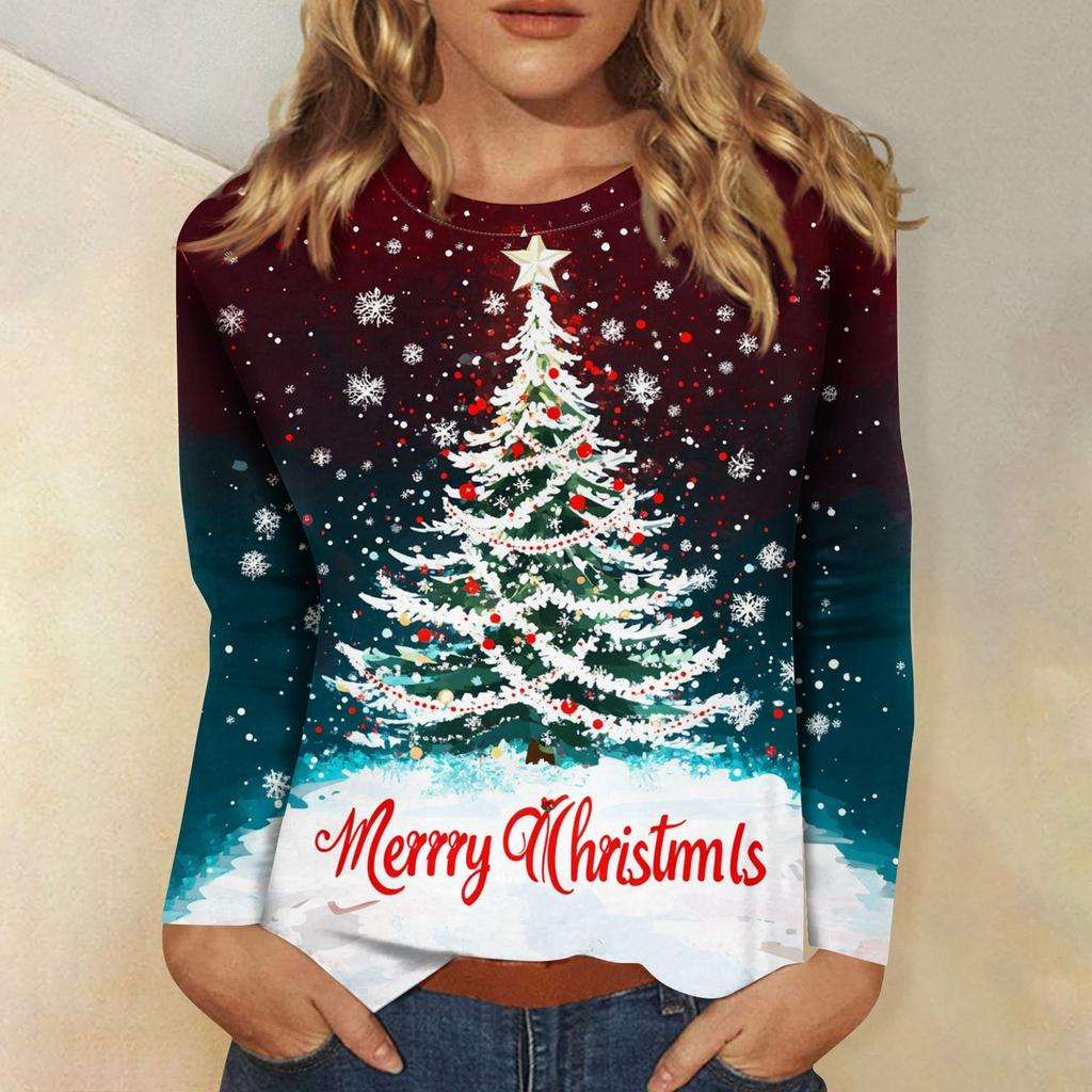 Long Sleeve Shirts For Women Cute Print Graphic Tees Blouses Casual Plus Size Basic Tops Pullover Christmas
