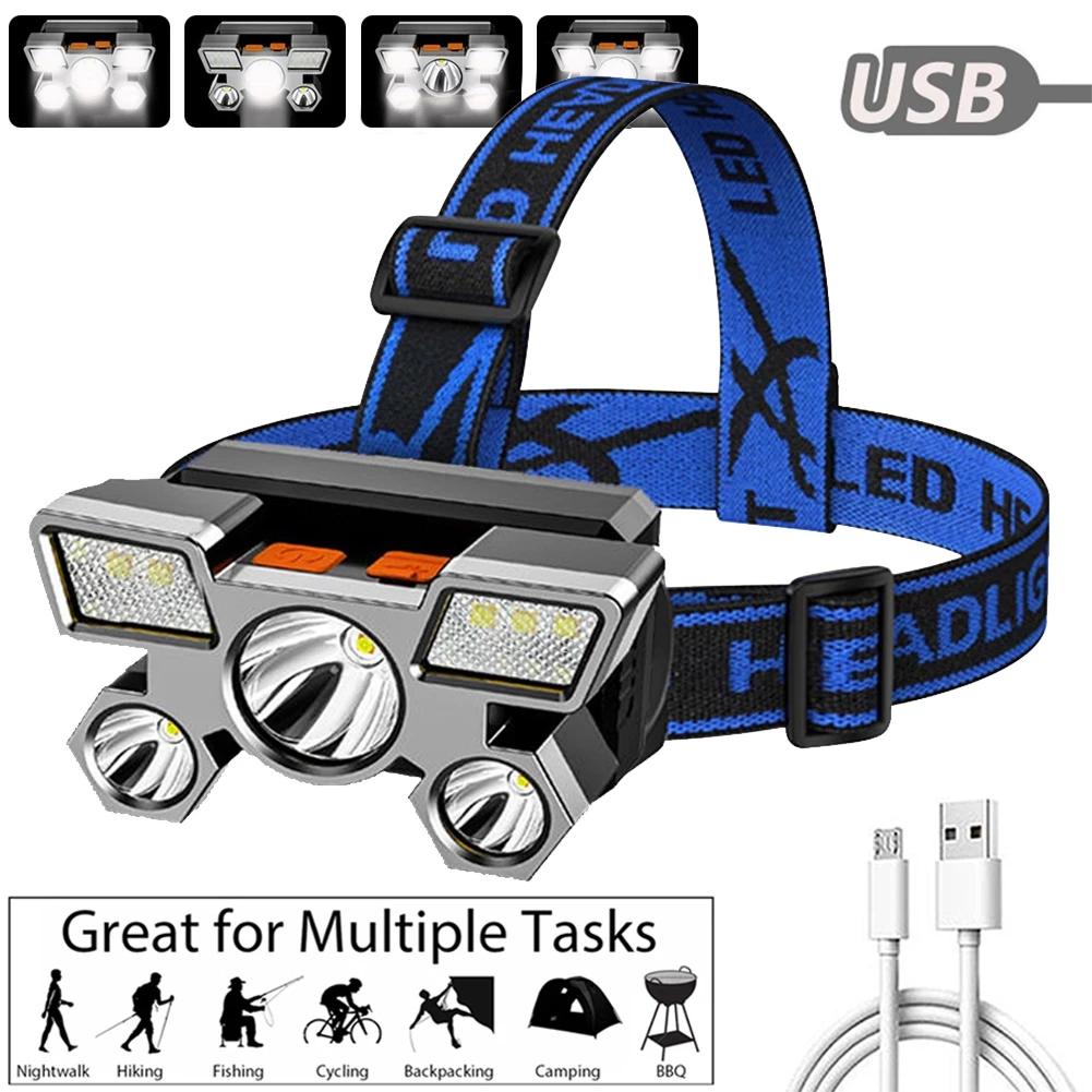 LED Headlamp Strong Light Super Bright Head-Mounted Flashlight Outdoor Rechargeable Night Fishing Headlight 5 Light Sources