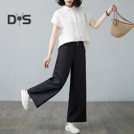 Women Casual Pants Elastic High Waist Buttons Zipper Fly Long Trousers with Pockets Solid Color Straight Wide Leg Slacks Daily Wear