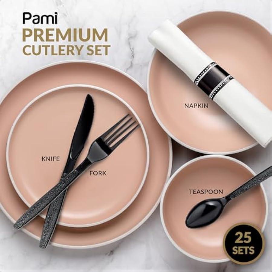 Premium Black Silverware Set With Knife Fork Teaspoon and Napkin 25 Sets HeavyDuty Fancy Disposable Cutlery Pack For Weddings a