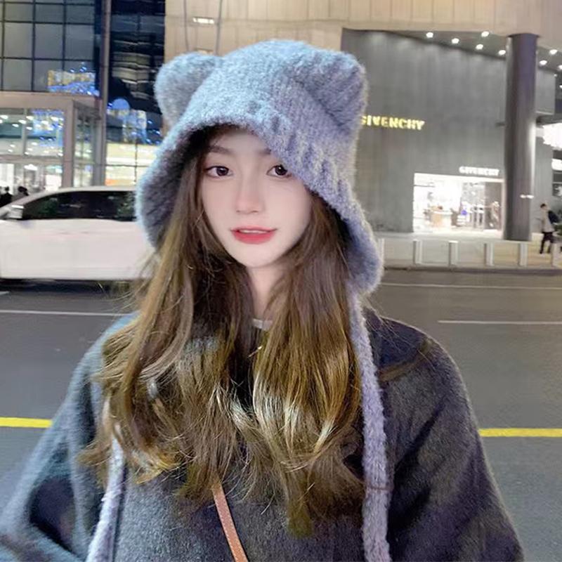 Winter Women'S  Hat Cute Bear Earmuff Hat Plush Warm Solid Color Hat
