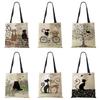 Women Handbag Linen Totes with Cat Print Casual Traveling Beach Gift Bags