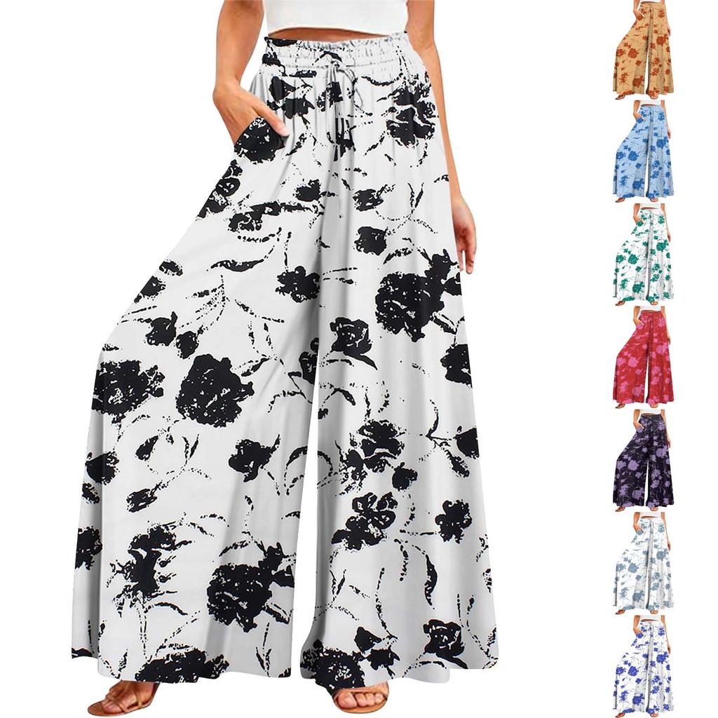 Women's Summer Wide Leg Pants High Waisted Flowing Pockets Fashion Casual Casual Bohemian Printed Beach Pants