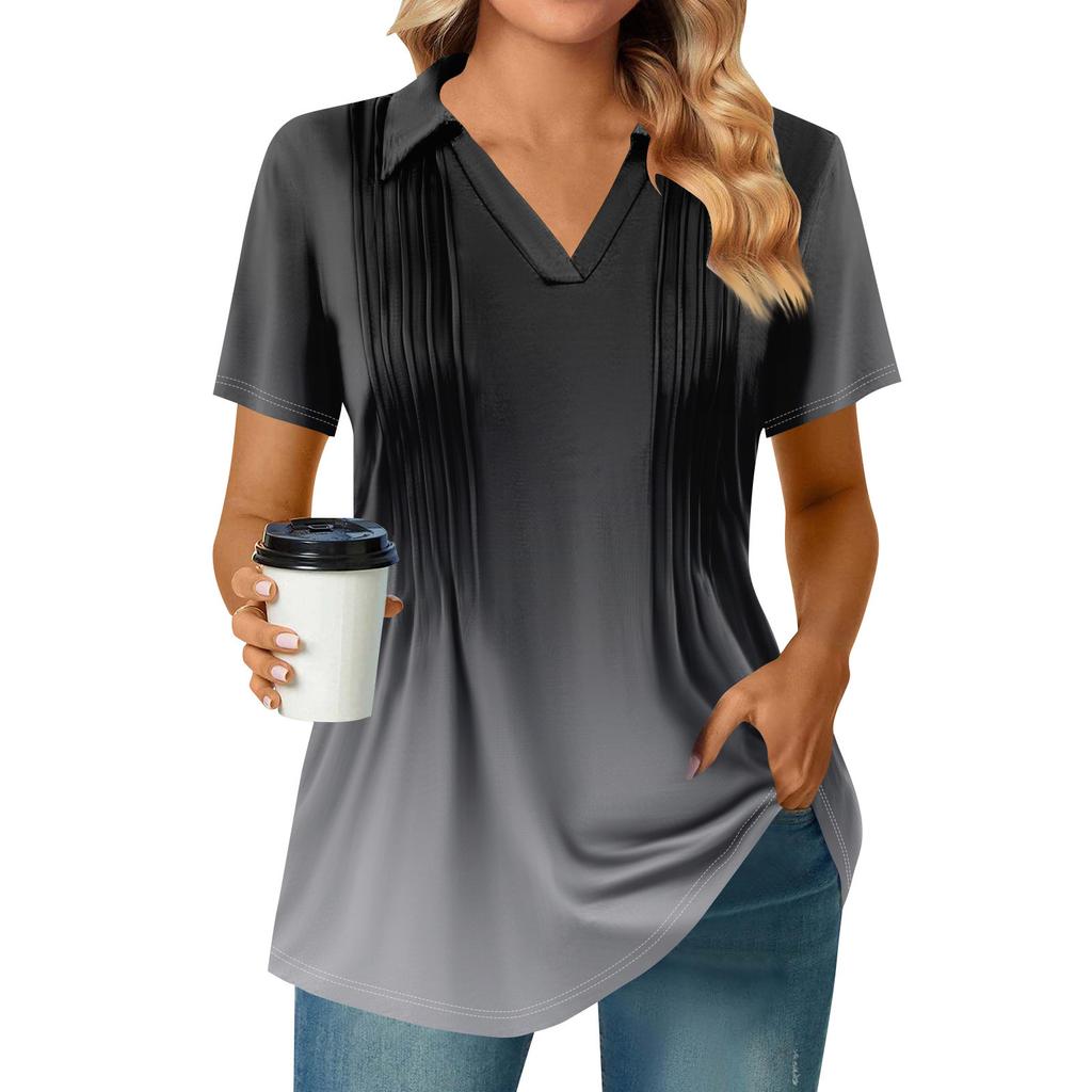 Womens Short Sleeve T Shirts Pleated V Neck Printing Tee Collared Summer Tops Fashion Business Casual Work