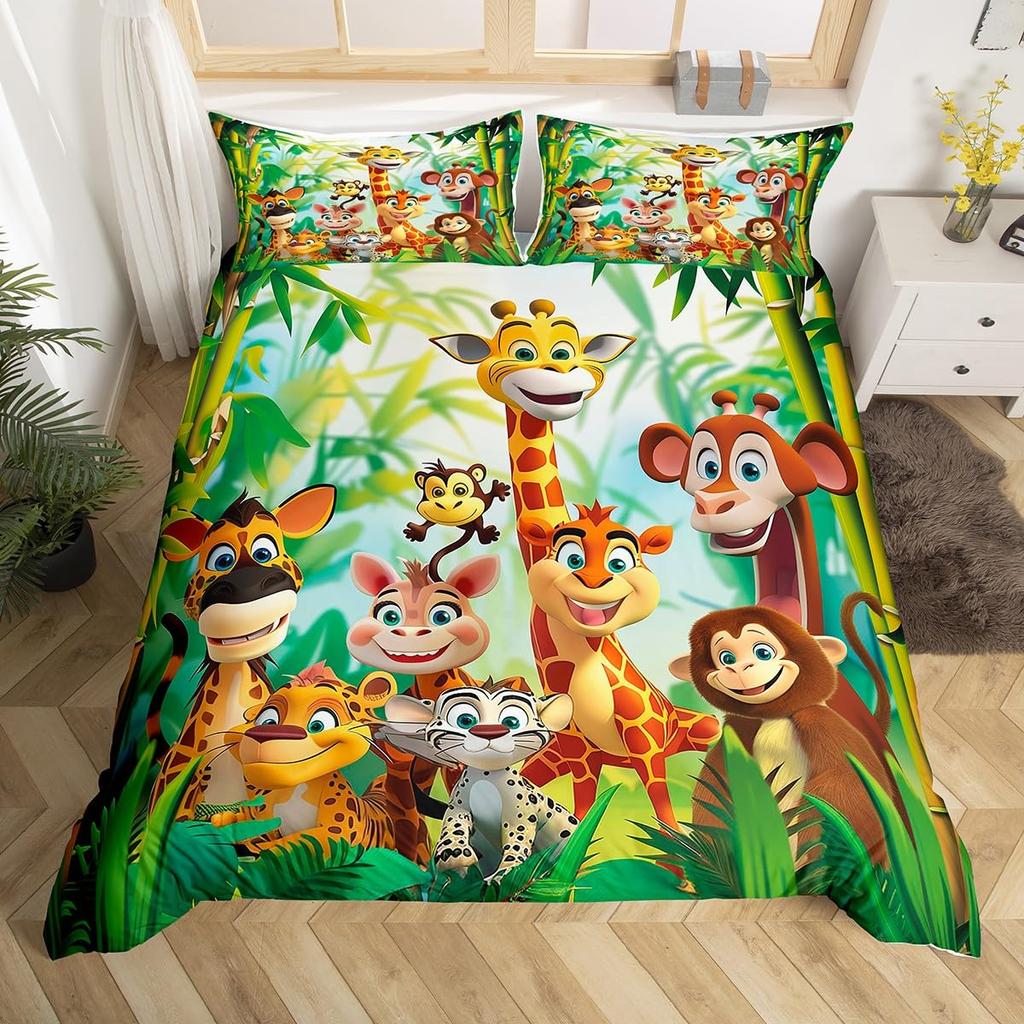 Cartoon Animals Duvet Cover Cute Giraffe Monkey Tiger Elephant Bedding Set Lovely Wildlife Comforter Cover Polyester Quilt Cover