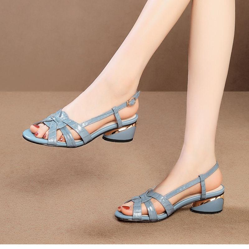 Fashion Korean Version of Thick Heeled Hollow Fish Mouth Sandals for Women's 2024 Summer New Fashionable Middle Heel Sandals