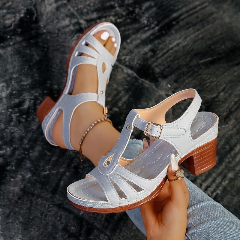 New Summer Women's Plus Size Solid Color Sandals One-Strap Buckle High Heel Shoes