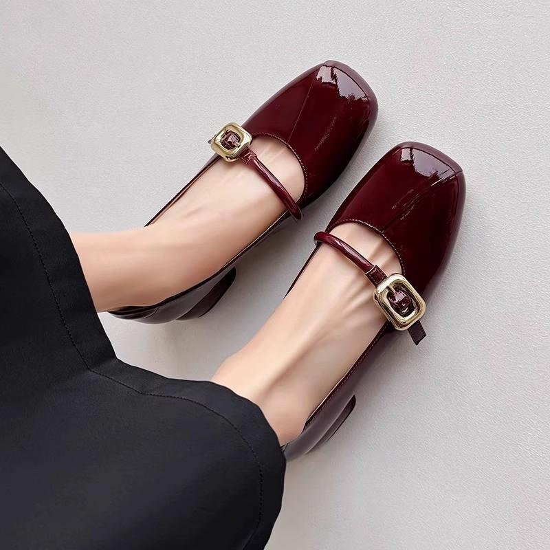 Hot Sale Patent Leather Marry Janes Shoes Women Round Toe Buckle Strap Shallow Mid Thick Heeled Shoe Office Career Pumps