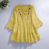 Women Shirt V-neck Lace-up Half Sleeve Pullover Tops Solid Color Loose Fit Embroidery Lace Flower Splicing Shirt