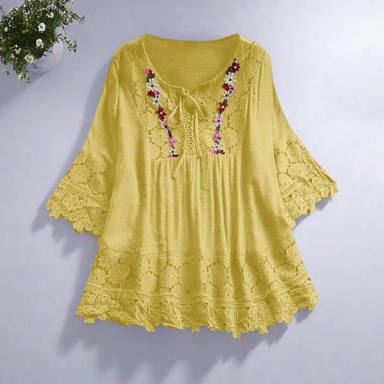Women Shirt V-neck Lace-up Half Sleeve Pullover Tops Solid Color Loose Fit Embroidery Lace Flower Splicing Shirt