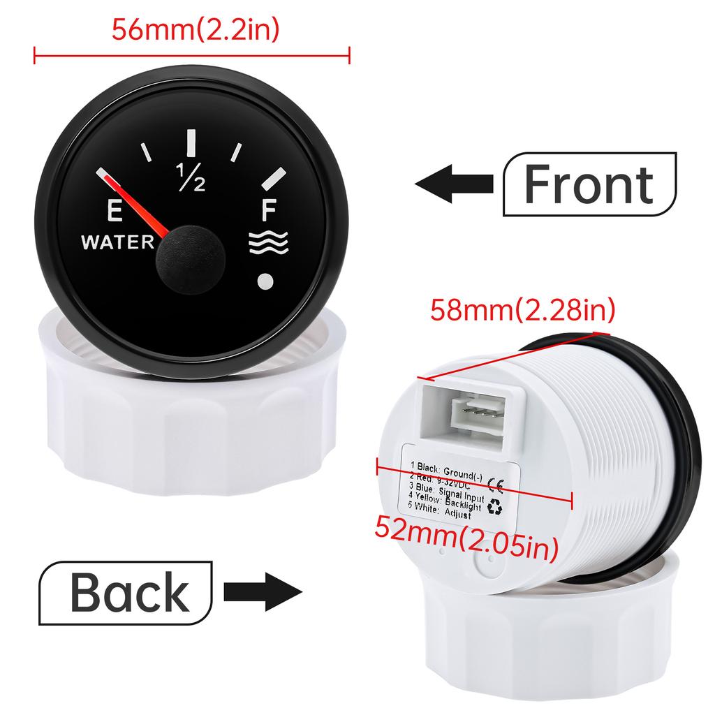 2" 52mm Water Level Gauge with Alarm 0-190 OHM Water Level Meter Indicator 240-33 OHM for Auto Car Boat Yacht Marine 12V 24V DC