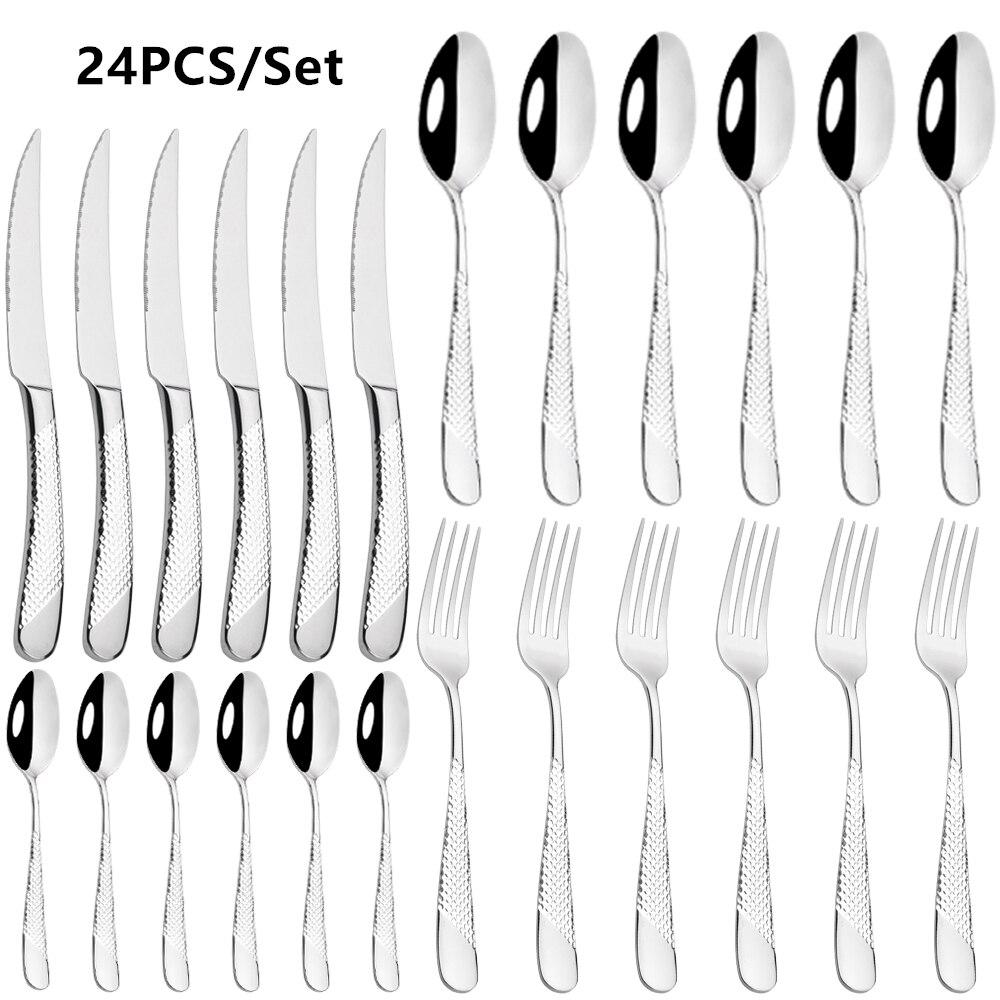 24Pcs Dinnerware Set Flatware Cutlery Set 18/10 Stainless Steel Gold Silverware Dinner Set Knife Fork Spoon Dishwasher Safe