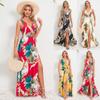 Summer Women's Double V Neck Sleeveless Slit Printed Long Halter Dresses
