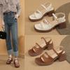 Fashion 2024 New Retro Genuine Leather Women's Sandals Square High Heels  Office  Platform Buckle Shoes