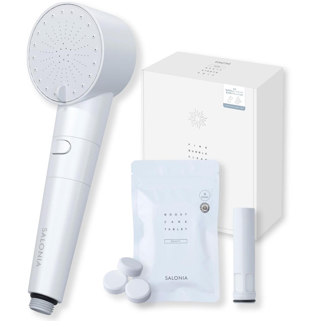 SALONIA Shower Head Fine Bubble Clear Micro Nano Bubble Water Saving High Water Pressure Chlorine Removal Cartridge Bicarbonate Tablet Included White