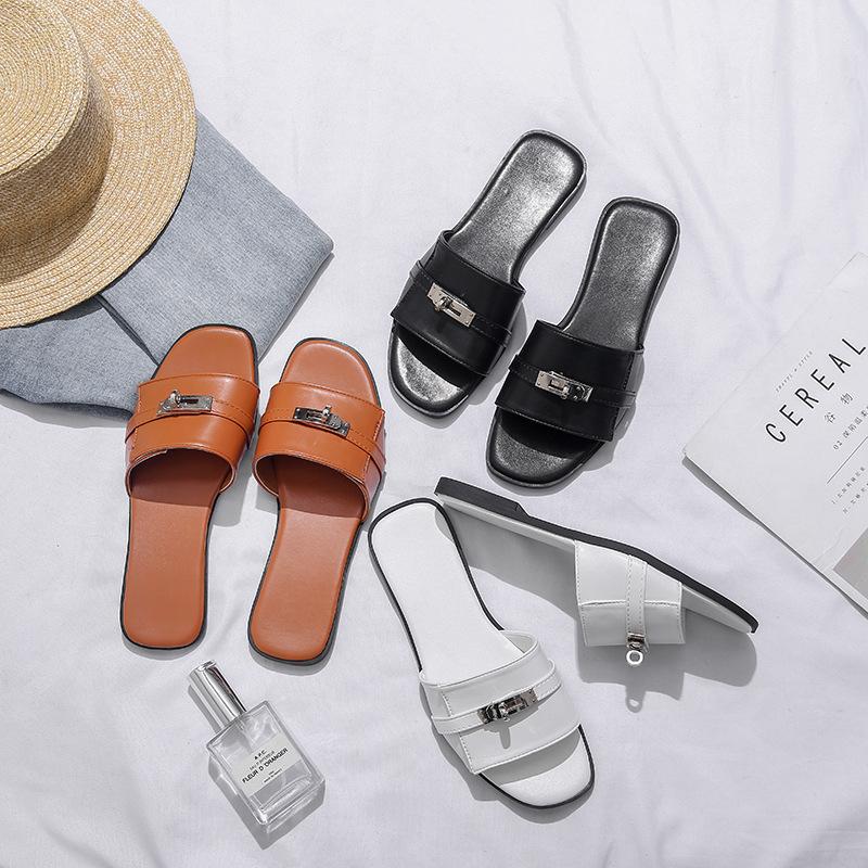 35-45 Large Size Korean Version of Small Silver Buckle One-word Drag 2025 Summer French Flat-bottomed Cool Slippers Half Slippers Outer Wear