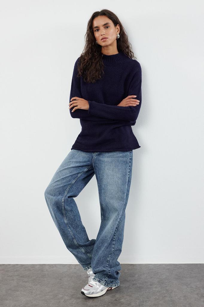 Women's Fashion Stylish Sweater Green Soft Textured Stand-Up Collar Seamless Knitwear Sweater