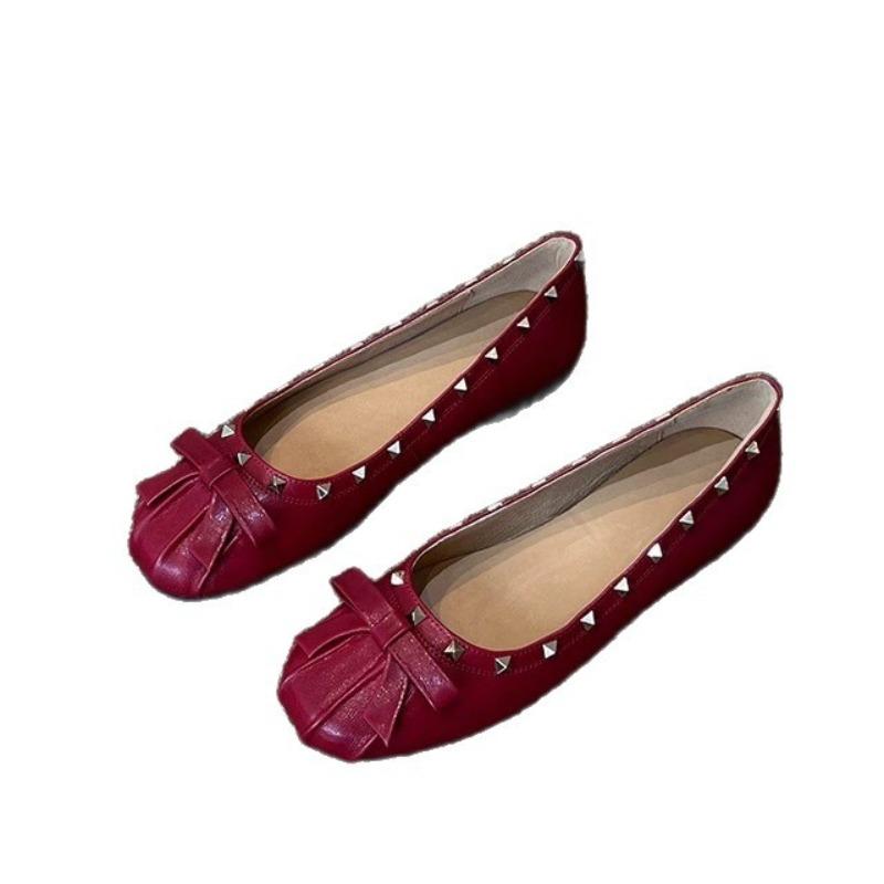 Fashion Vintage Rivet Mary Jane Shoes Women's Autumn New Round Toe Shallow Mouth Metal Buckle Soft Sole Non-slip Wear-resistant Flats