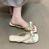 2025 Summer New Cool Slippers Women's Bow Rhinestone Belt Sweet and Gentle Square Head One-word Drag