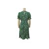 Women Summer Green Floral Print Pleated Dress Short Sleeve O Neck Lace Up