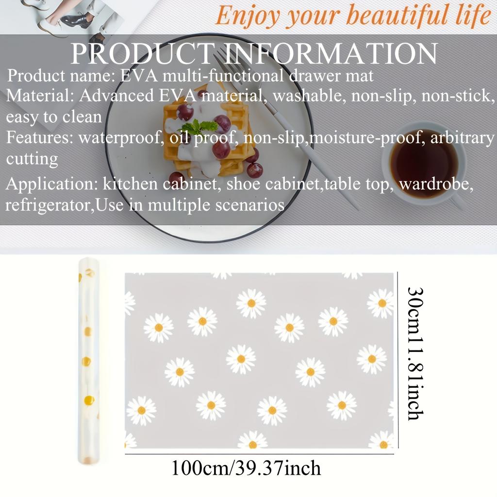 Waterproof Non-Slip Daisy Pattern Shelf Liner Roll, Multi-Purpose for Kitchen Cabinets, Drawers, Fridge & Table - Stain Resistant & Easy To Clean