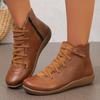 Women's Autumn Winter Pu Leather Ankle Boots Round Toe Lace Up Retro Work Shoes Woman Comfortable Flat Heel Casual Short Boots