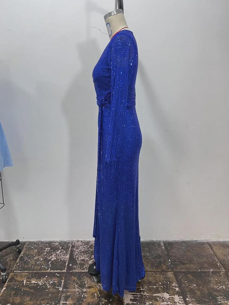 Spring Solid Color Sequin Long-Sleeve Evening Dress - 5 Colors