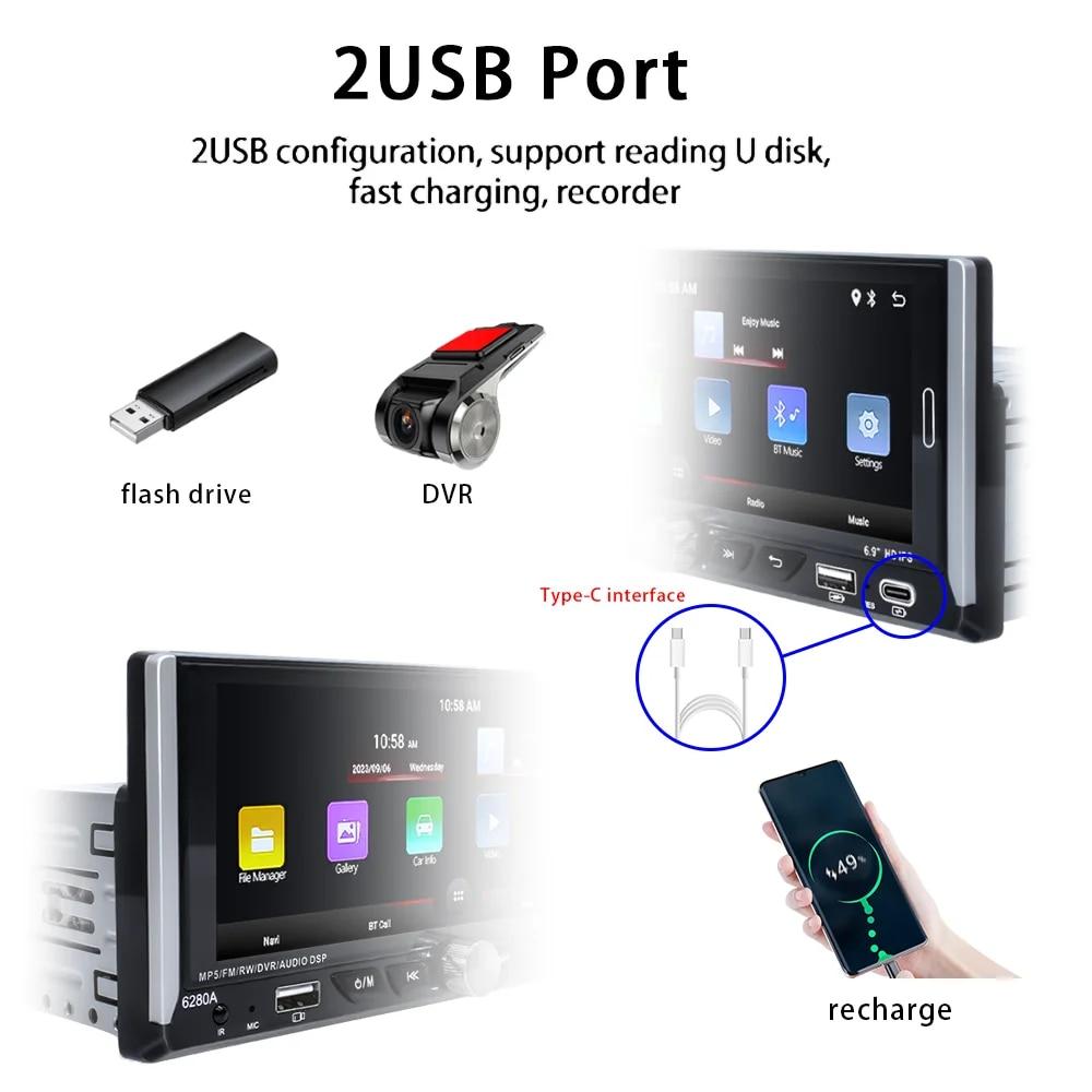 6.9'' Touch Screen 1Din Universal Car Radio Wireless Carplay Android Auto Smart Multimedia Player Wifi Navigation GPS FM Stereo