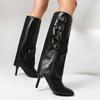 lenkisen PU Autumn Winter Shoes Pointed Toe Stiletto Thin High Heels Metal Square Buckle Keep Warm Fashion Knee Boots