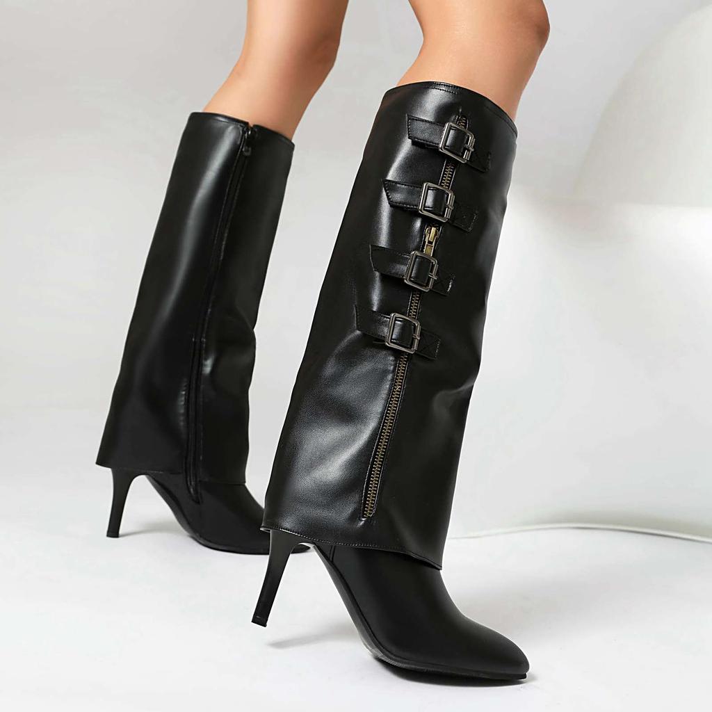 lenkisen PU Autumn Winter Shoes Pointed Toe Stiletto Thin High Heels Metal Square Buckle Keep Warm Fashion Knee Boots