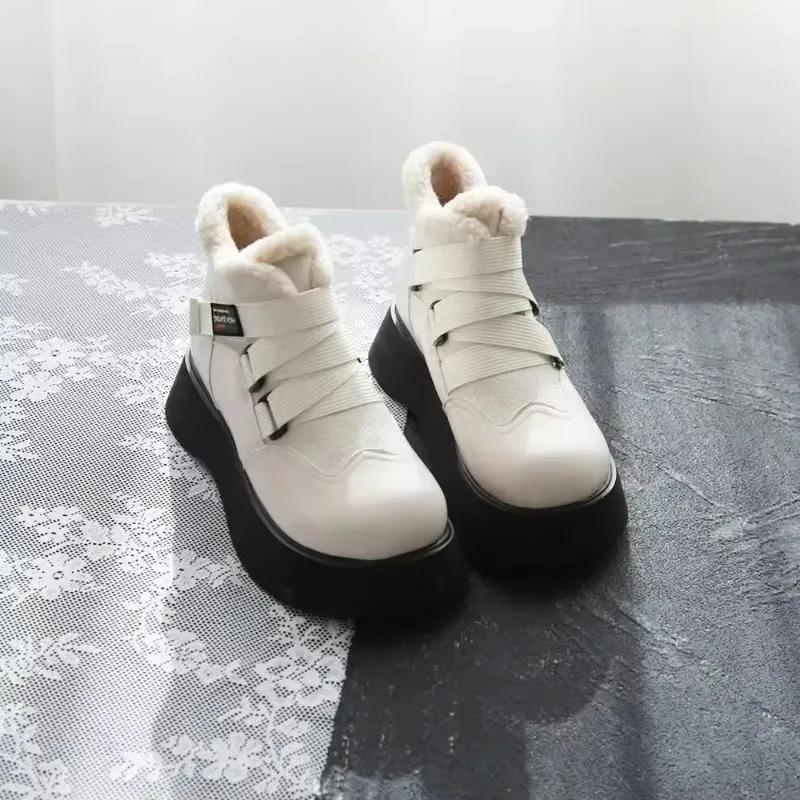2024 Winter Women Ankle Boots PU Thick Sole Plush Warm Winter Woman Shoes Flats Lace Up LadiesLolita Shoes Outdoor Daily Commute
