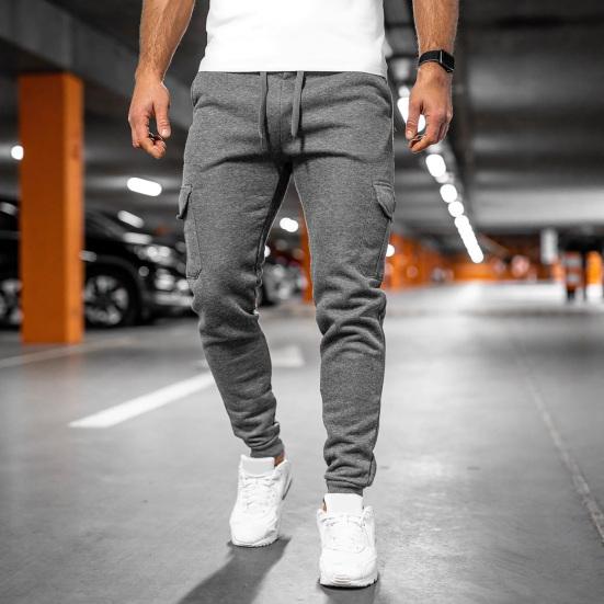 Men Winter Sweatpants Drawstring Waist Fleece-Lined Jogger Pants with Multiple Pockets Solid Color Thick Cargo Pants for Work Street Wear