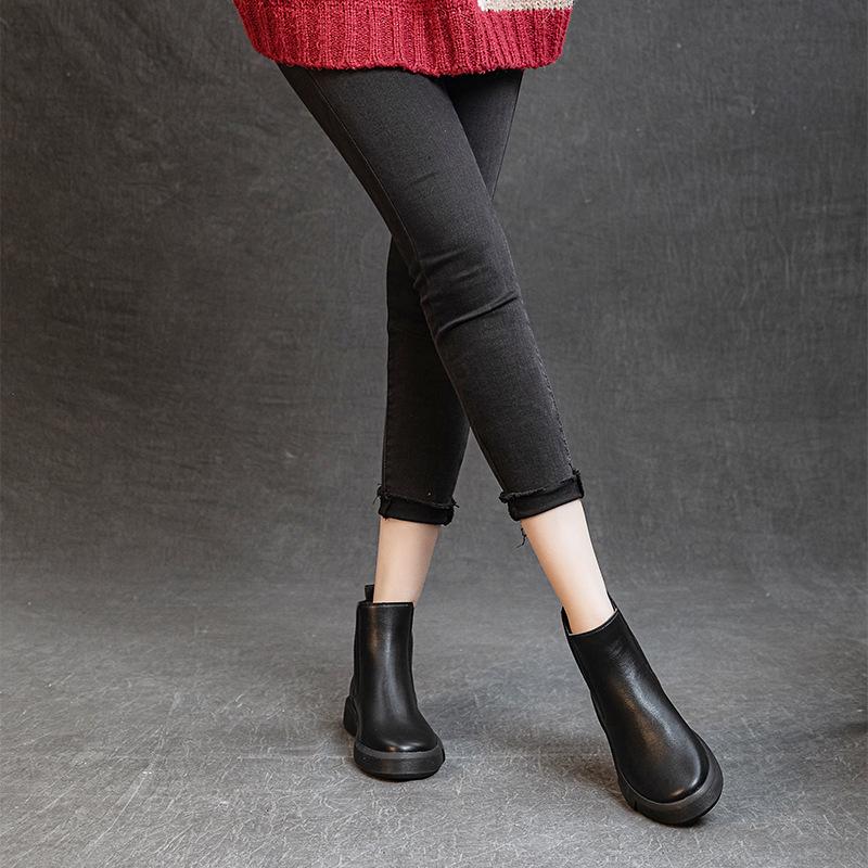 Women's Chunky Heel Retro Leather Chelsea Ankle Boots - Warm, Soft Sole, Handmade Martin Style