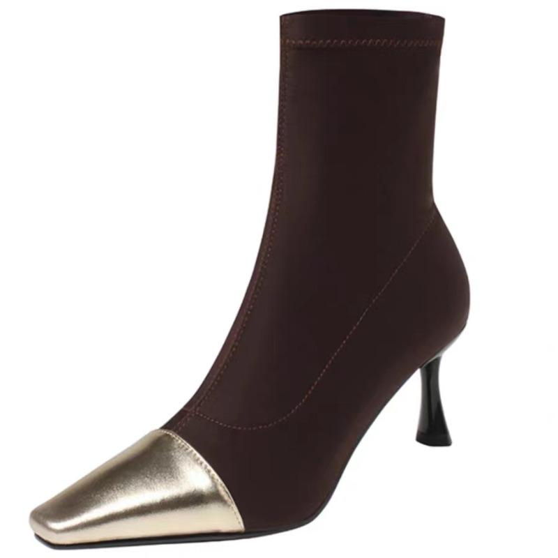 New Fashion High Heel Elastic Slim Boots Women's Shoes Mid-calf Sock Boots Pointed Rubber Material Spring and Autumn