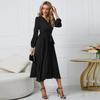 Women's High Waist Dresses V Neck Long Sleeve Tie Solid Colour Pleated Dresses