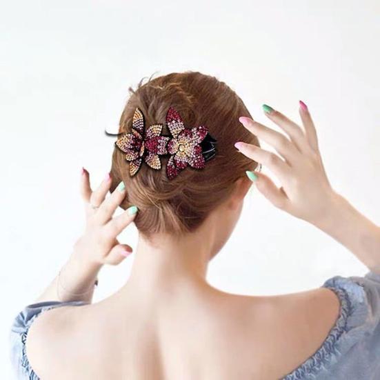 Women Elegant Flexible Rhinestone Flower Duckbill Hair Clip Hairpin Claw Gift