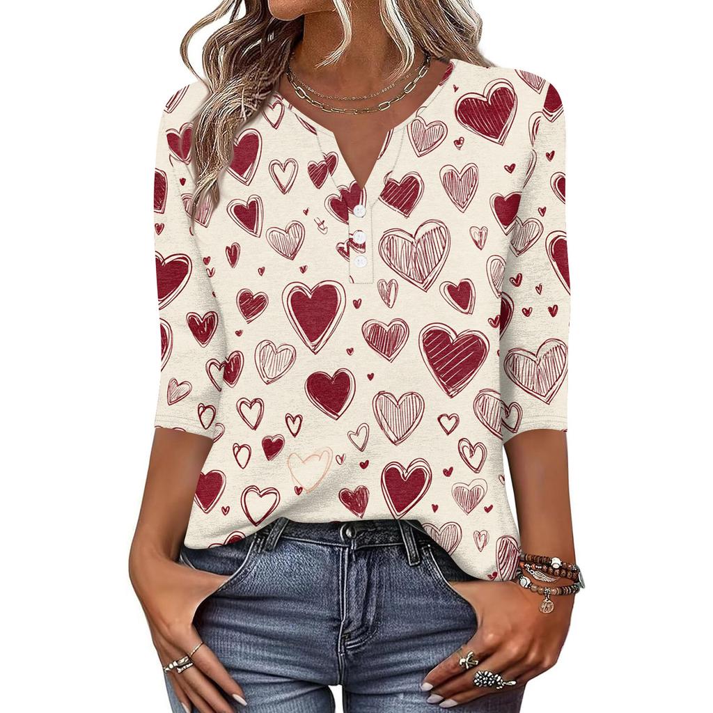 Жен. Футболка С принтом Пуговицы Рукав 3/4 Повседневные Выходные Мода Классический Классический V-образный вырез Обычный Верх