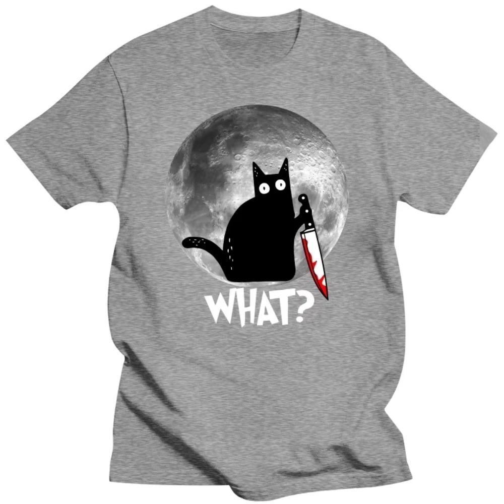 Fashion What Cat Full Moon T Shirts Men Short Sleeved Funny Halloween Black Tshirt Murderous Cat With Knife T-shirt Graphic Tee
